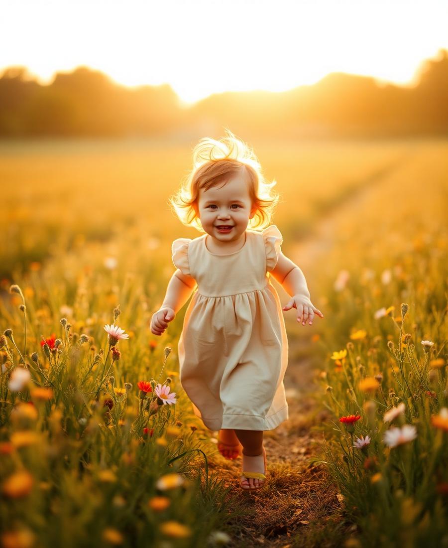 Ensaio infantil em campo com flores no fim da tarde