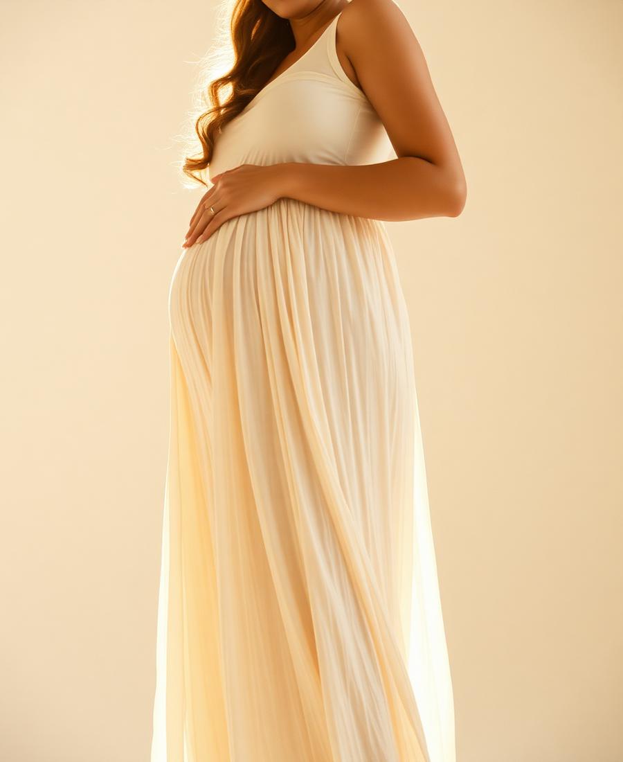 Ensaio de gestante com vestido creme fluido