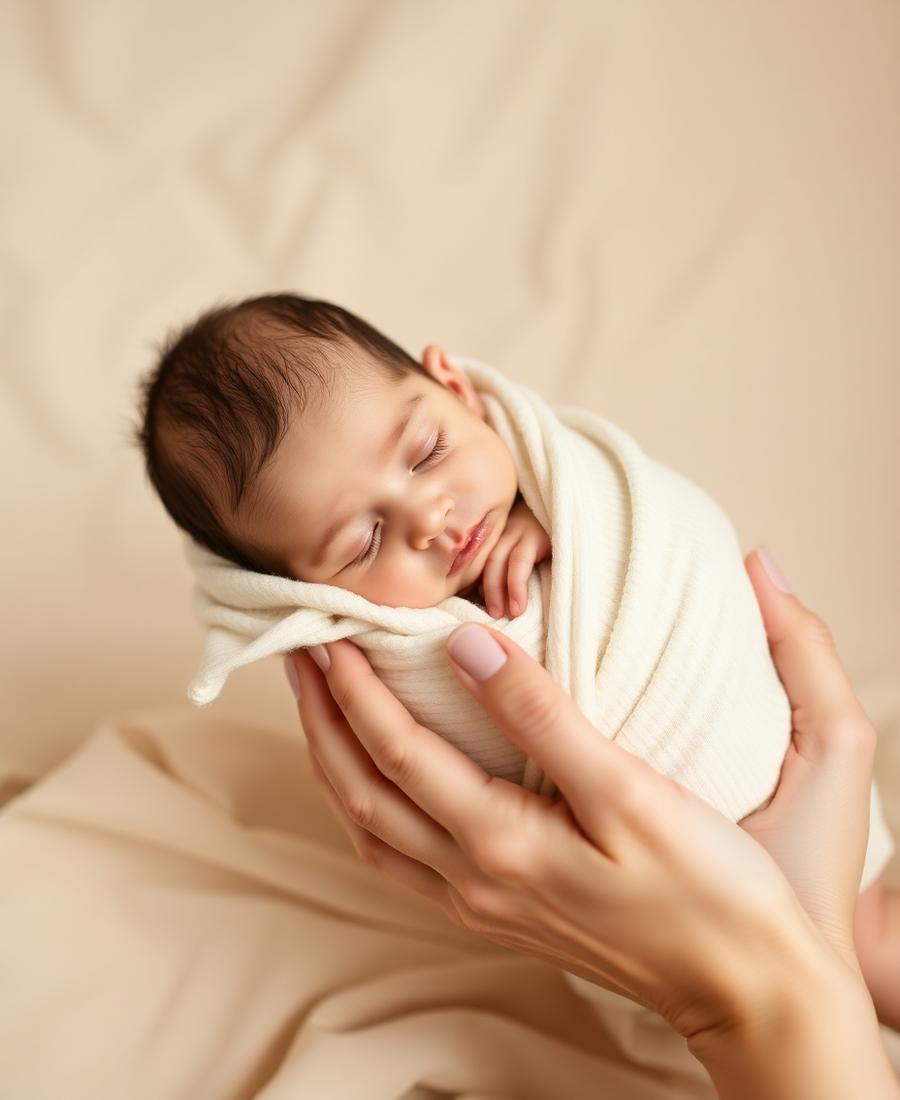 Ensaio newborn — bebê enrolado em manta bege