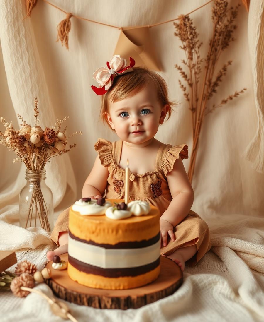 Ensaio smash the cake com cenário boho