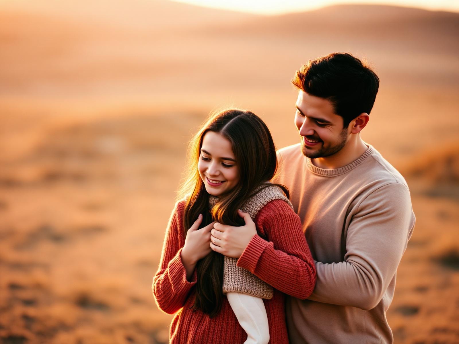Família abraçada ao pôr do sol